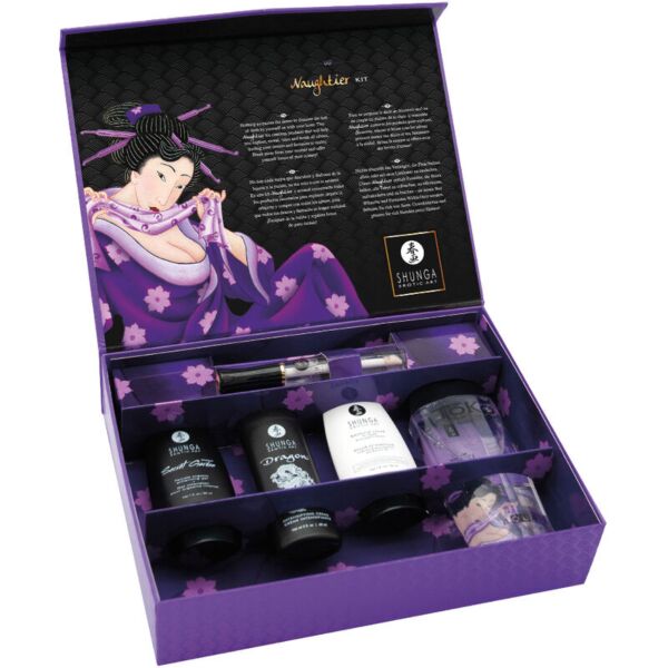 Shunga Naughtier Kit con i suoi cinque cosmetici intimi e il cofanetto regalo