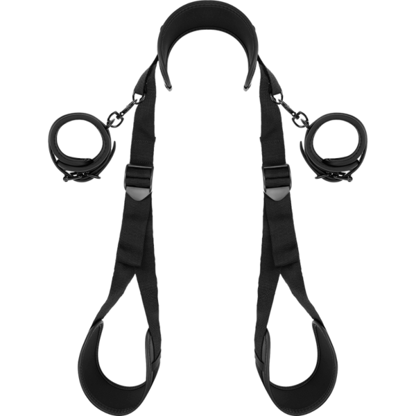 Set di legature Fetish Submissive Open Legs Position con cinghie da collo a gamba e manette per i polsi