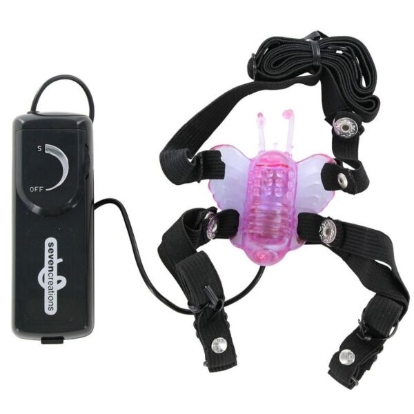 Stimolatore clitorideo Seven Creations Butterfly a forma di farfalla, con cinghie e comando collegato con un cavo
