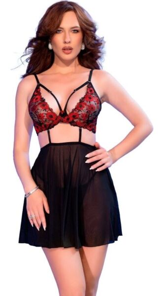 Babydoll Chilirose CR 4869 con reggiseno ricamato, gonna in tulle e tanga