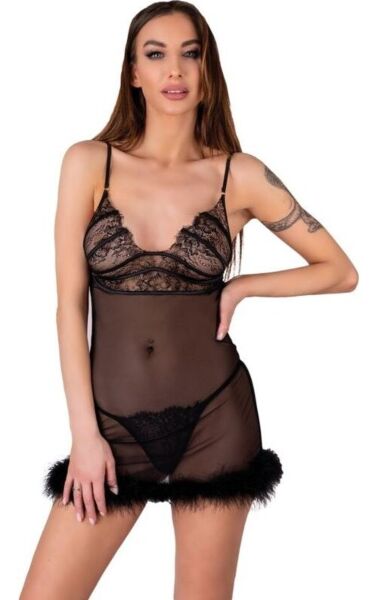 Babydoll Livco Corsetti Zerunam nero, con top in rete a spalline sottili e tanga coordinato