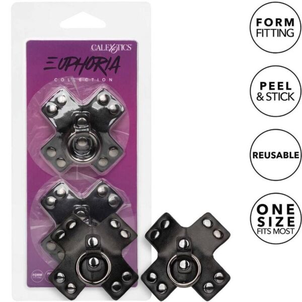 Copricapezzoli adesivi CalExotics Euphoria O-Ring neri, con anello e borchie metalliche