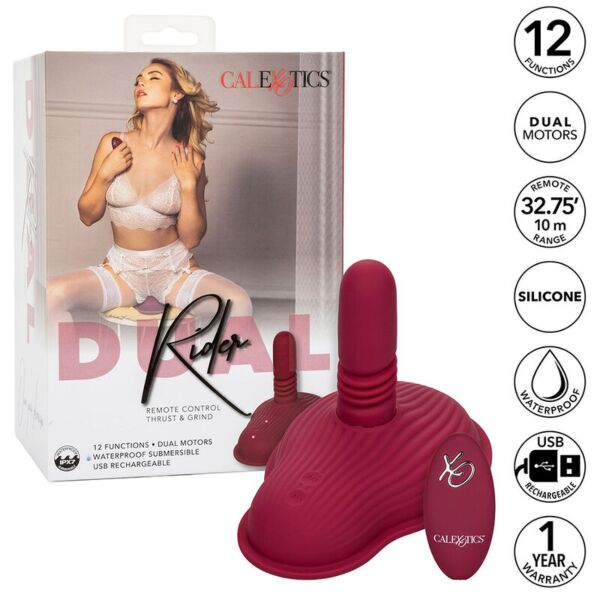 Vibratore da cavalcare CalExotics Dual Rider Thrust & Grind rosso, con il suo telecomando