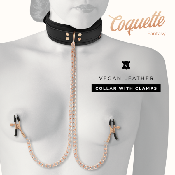 Collare con pinze Coquette Chic Desire, con le due pinze per capezzoli unite da catenelle e il guinzaglio
