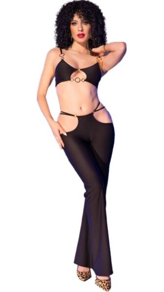 Completo lingerie Chilirose CR 4851, top nero con anelli dorati e leggings con tagli laterali