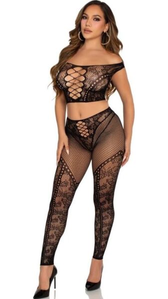 Completo intimo Leg Avenue Love Me Tonight nero: crop top con spalle scoperte e leggings in pizzo e rete