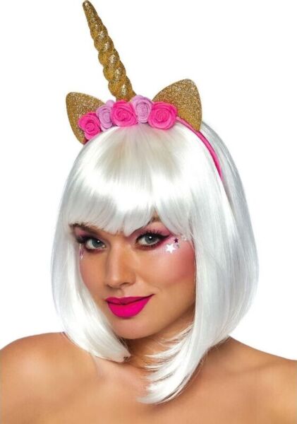 Cerchietto unicorno Leg Avenue Golden Unicorn Flower, con corno dorato a spirale, orecchie glitterate e rose rosa