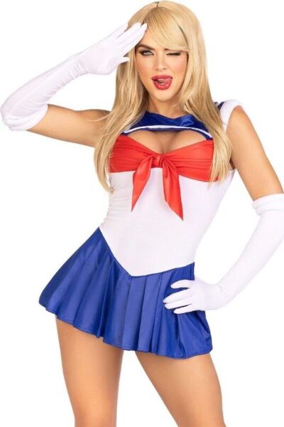 Costume da marinaio sexy Leg Avenue rosso, bianco e blu: body con gonna a pieghe, guanti e fiocco