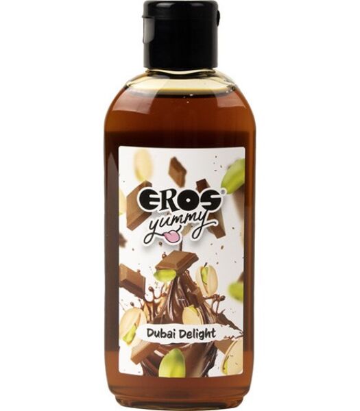 Flacone da 100 ml del lubrificante aromatizzato Eros Yummy Dubai Delight, gusto cioccolato e pistacchio
