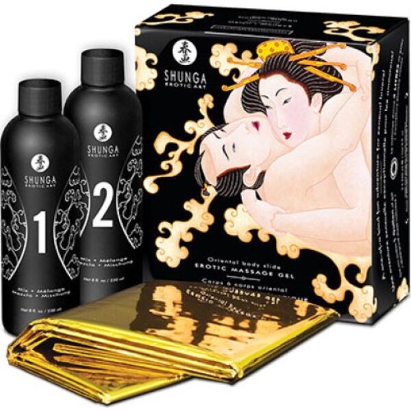 Kit gel da massaggio body to body Shunga Oriental con il suo lenzuolo dorato