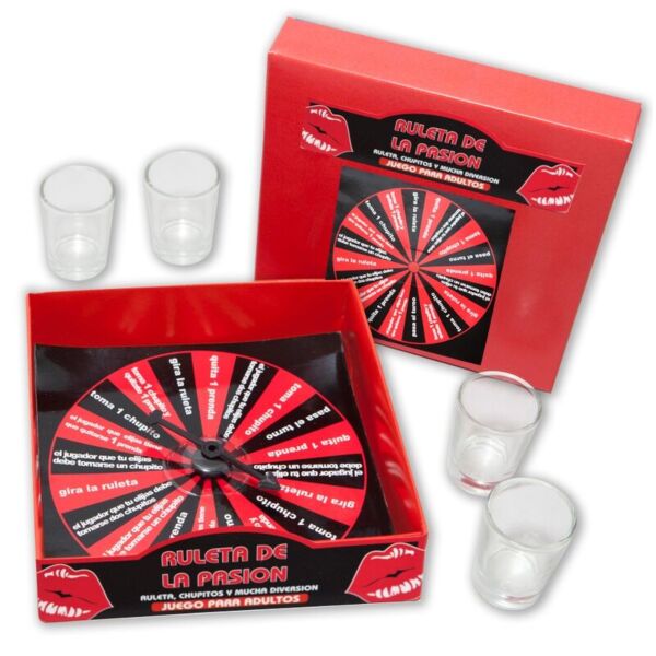 Gioco di shottini Diablo Picante Roulette della Passione, con la roulette e i 4 bicchierini