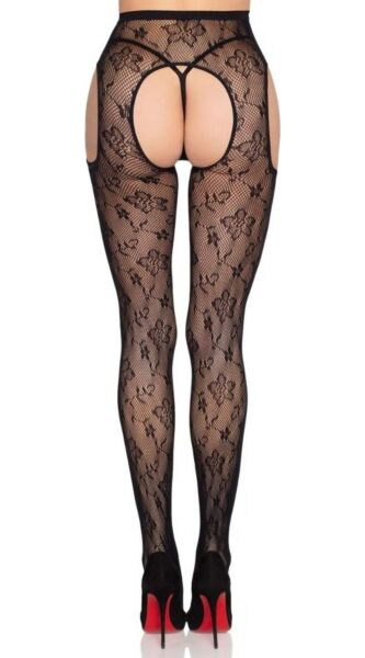 Collant Leg Avenue Esme 1967 a rete nera con motivo floreale ed effetto reggicalze