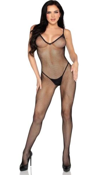 Bodystocking Leg Avenue 89375 in rete nera con finitura all'uncinetto e apertura sul cavallo
