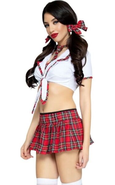 Costume da scolaretta Leg Avenue Miss Prep School rosso e bianco, con top corto, gonna a pieghe scozzese, cravatta e fiocchi