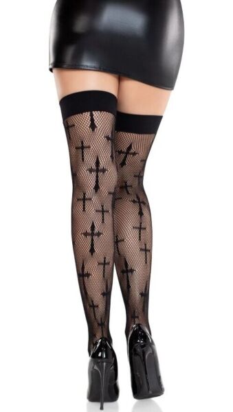 Calze a rete nere fino alla coscia Leg Avenue Worship Me con croci nel disegno
