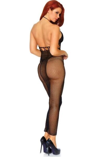 Vestito lungo a rete Leg Avenue Power Move nero, con collo halter e schiena scoperta