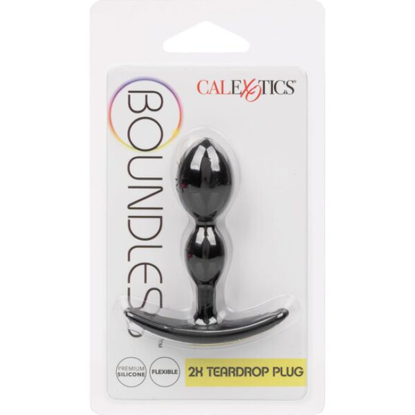 Plug anale CalExotics Boundless 2x Teardrop Plug nero, a forma di goccia e con anello alla base