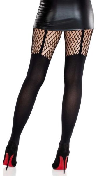 Collant neri Leg Avenue Jett Garter Illusion, opachi e con rete sulla coscia che imita la giarrettiera