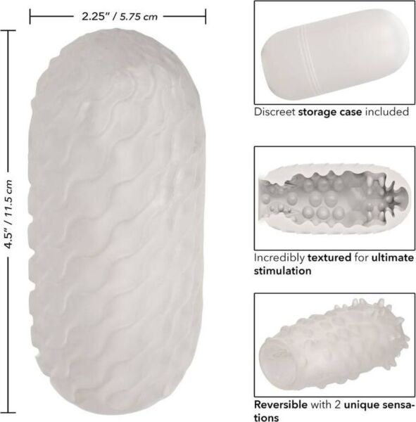 Masturbatore CalExotics Boundless Reversible Nubby Stroker bianco accanto alla sua custodia