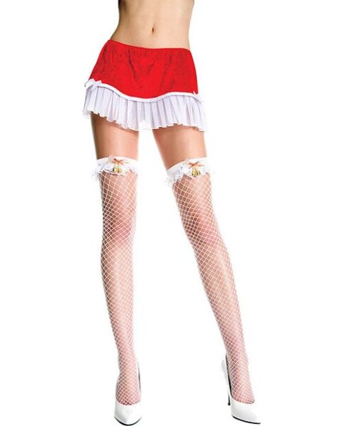 Calze a rete bianche Music Legs Campanilla, con fiocco e campanellini sulla giarrettiera