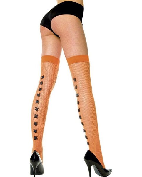 Calze a rete arancioni Music Legs con applicazioni di ragni sul retro della gamba