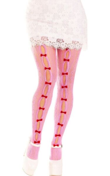 Collant a rete Leg Avenue Sweetheart Striped, a righe con cuori e mini fiocchi
