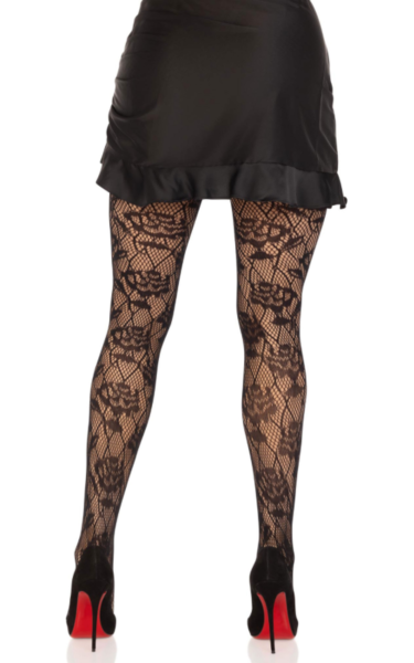 Collant a rete neri Leg Avenue Wild Rose, con maglia a rombi e disegno di rose