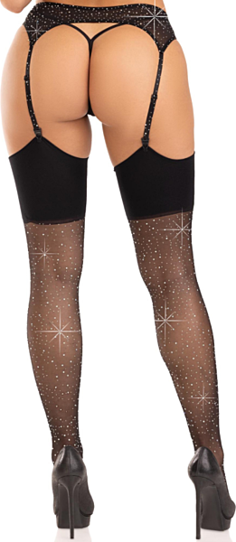 Calze nere Leg Avenue Harmony fino alla coscia, con strass sulla banda larga