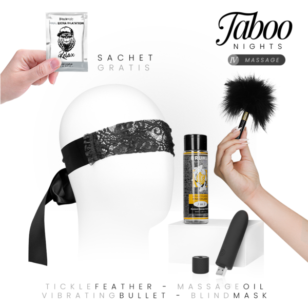 Set Taboo Nights 4 Massage con olio Bruma, bullet vibrante Geri, mascherina, piuma e gel anale Black Hole