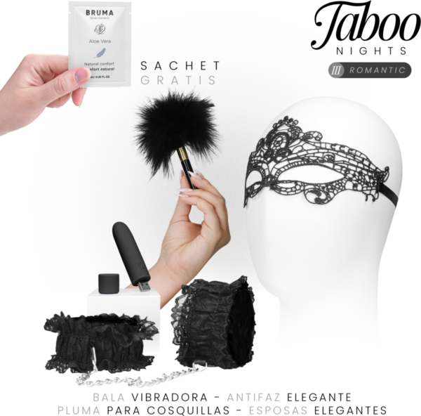 Set Taboo Nights 3 Romantic Dreamkit con mascherina, bullet vibrante, polsiere in pizzo nero, piume e gel scivoloso