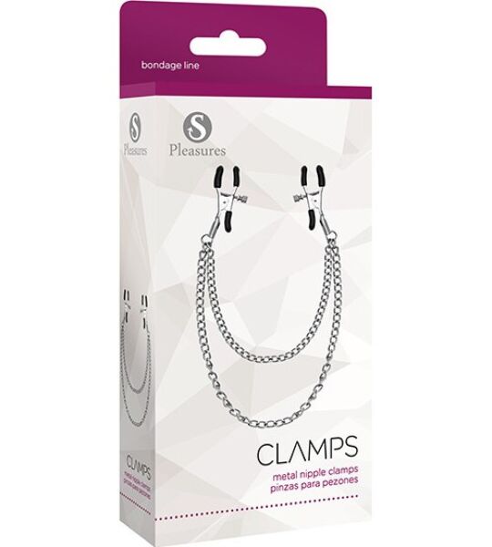 Pinze per capezzoli S Pleasures Metal Nipple Clamps argentate, unite dalla loro catena