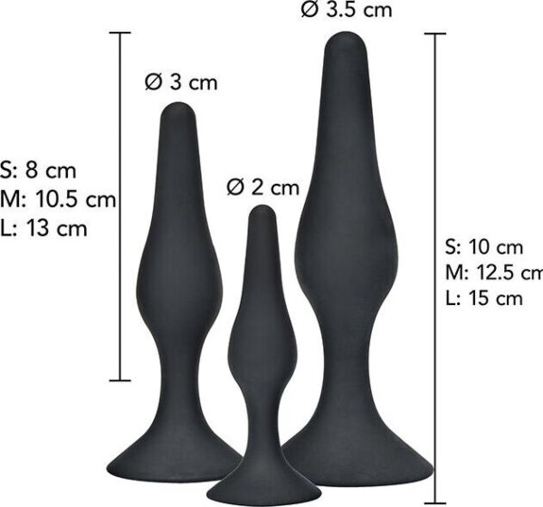 Tre plug anali ToyJoy Curvy Companions Kit di diverse misure, dalla forma curva e con base larga