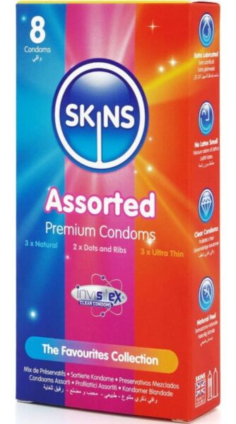 Preservativi Skins assortiti con i modelli Natural, Dots & Ribs e Ultra Thin