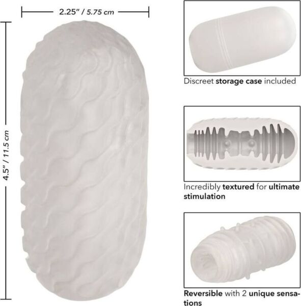 Masturbatore CalExotics Boundless Reversible Ribbed Stroker bianco accanto alla sua custodia