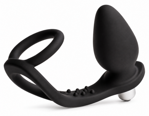 Vibratore prostatico Rocks-Off Ro-Zen nero onice, con il suo doppio anello di supporto