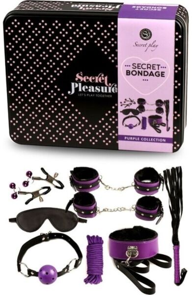 Set bondage Secret Play con frusta, manette, bavaglio a palla, corda, benda per gli occhi, collare e pinzette, tutto nero