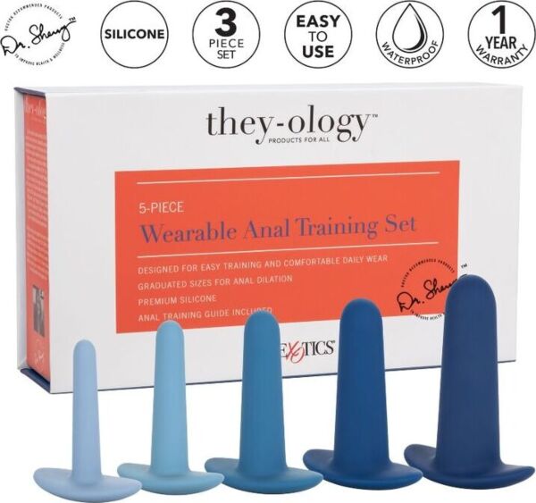 Set di dilatatori anali CalExotics They-ology 5 pezzi, con i cinque dilatatori blu in ordine di misura