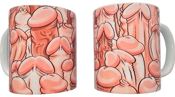 Tazza in ceramica Diablo Picante Color Penis Mug con disegni di peni colorati e manico bianco