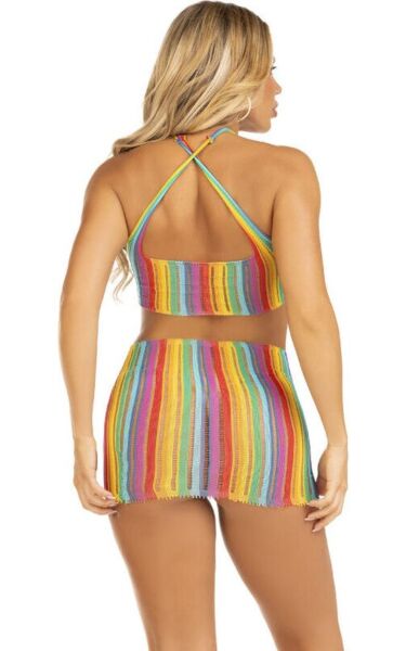 Vestito corto Leg Avenue Technicolor Dream a righe arcobaleno, con collo halter e spalline incrociate