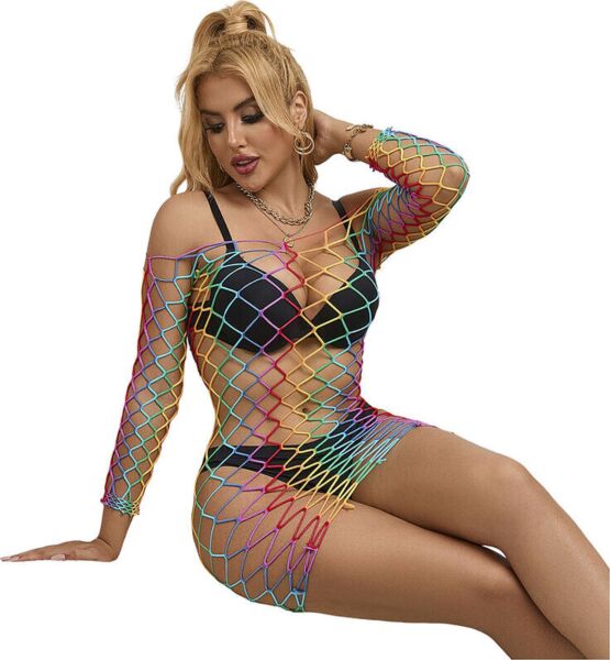 Vestito a rete Subblime a maniche lunghe con fantasia arcobaleno