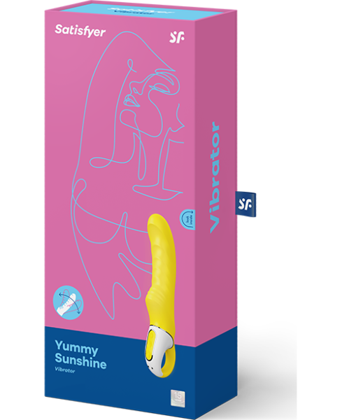 Vibratore punto G Satisfyer Yummy Sunshine, di colore giallo, curvo e con superficie scanalata