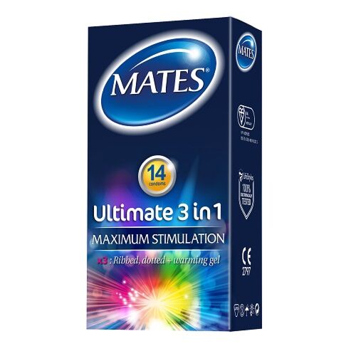 Condoms Mates Ultimate 3 in 1 con lubrificante riscaldante