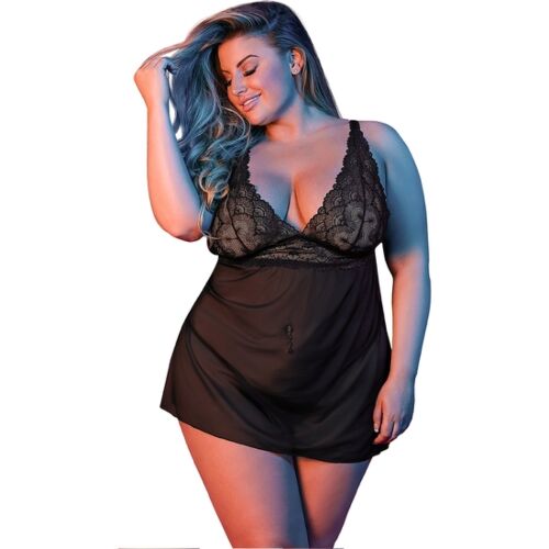 Lingerie BABY DOLL & G-SET BLACK L/XL in pizzo