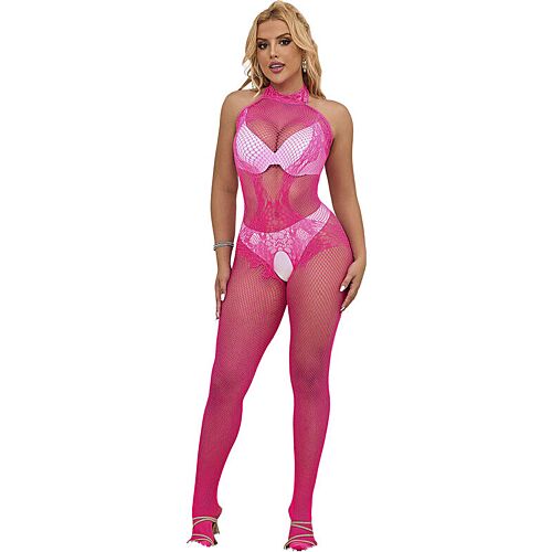 Bodystocking SUBBLIME con collo alto e pizzo rosa