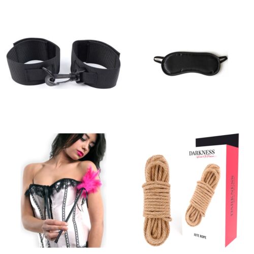 Kit bondage soft per principianti con manette, benda, frustino e corda