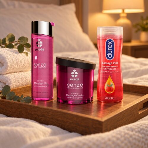 Kit per massaggio erotico con olio, candela e gel 2 in 1 – scena d'atmosfera (immagine generata con IA)