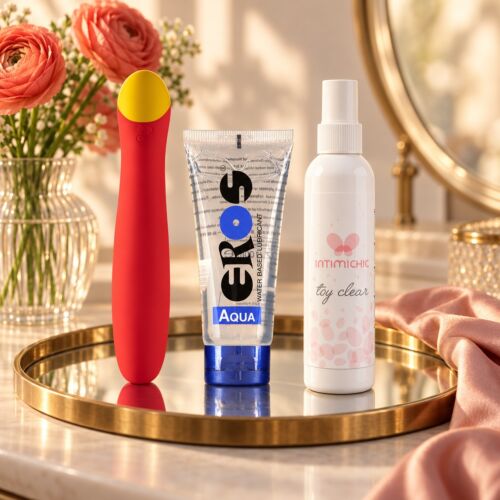 Kit per il punto G con vibratore ROMP Hype e lubrificante – scena d'atmosfera (immagine generata con IA)