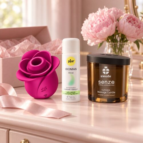 Kit regalo per lei con Satisfyer Pro 2 e candela da massaggio – scena d'atmosfera (immagine generata con IA)