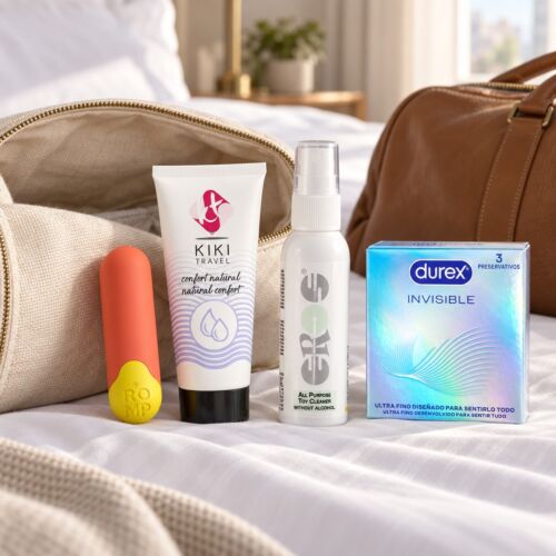 Kit da viaggio discreto con bullet vibrante e lubrificante – scena d'atmosfera (immagine generata con IA)