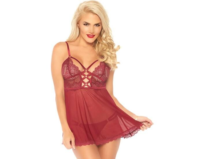 Babydoll con cinturini e pizzo con perizoma - bordeaux